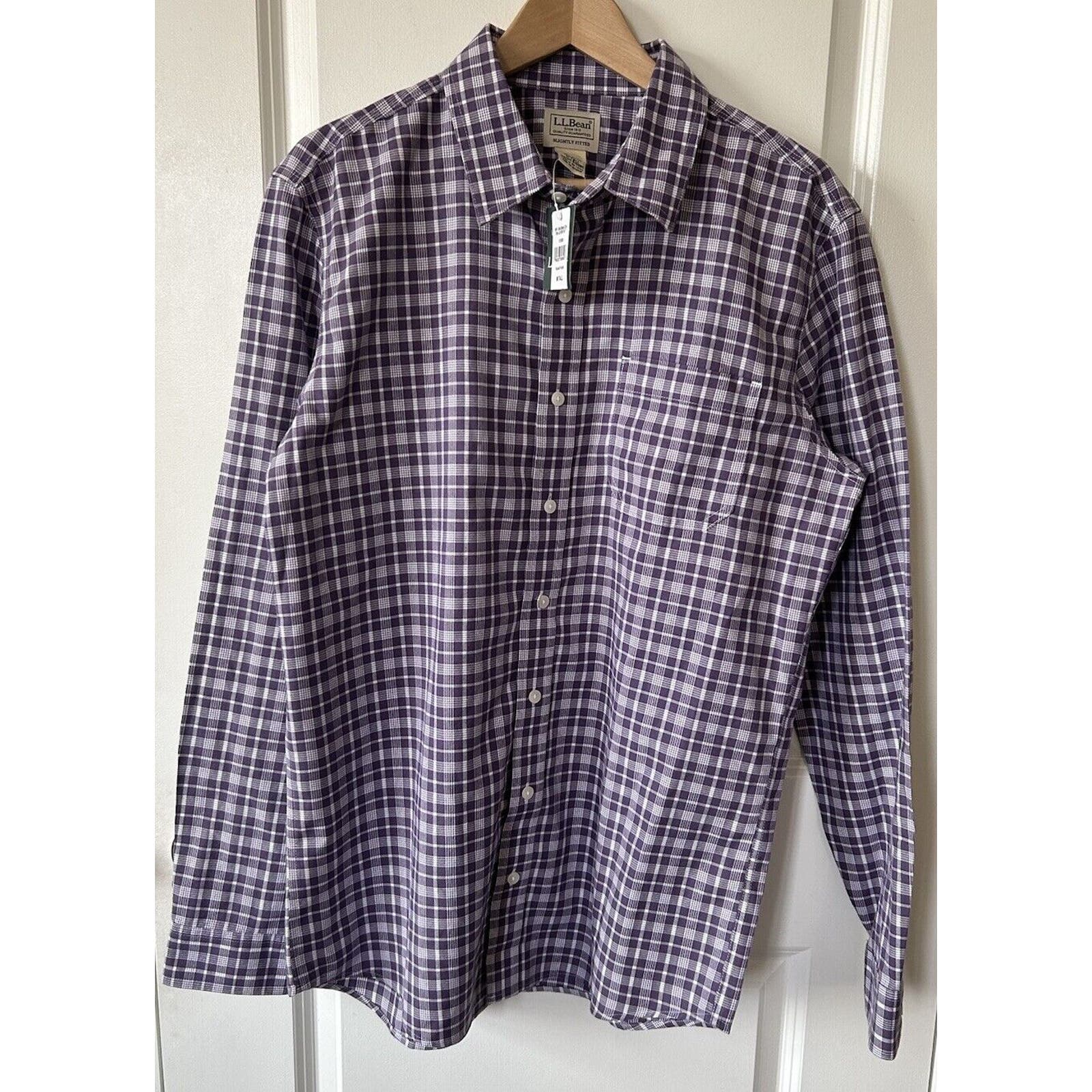 Ll Bean Mens Button Up Shirt Mt Tall Purple Plaid Long Slv. Slightly Fitted New